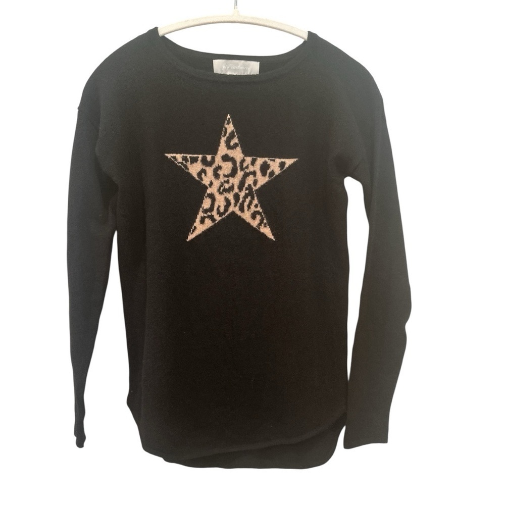 Ply 100% Cashmere Black Leopard Star L/S Sweater Sz XS Animal Print Stretchy